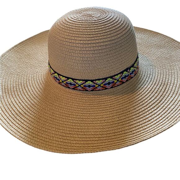 Straw Beach Cover Hat Wicker Beige Multicolored Embroidered Ribbon Summer Spring - Picture 4 of 10
